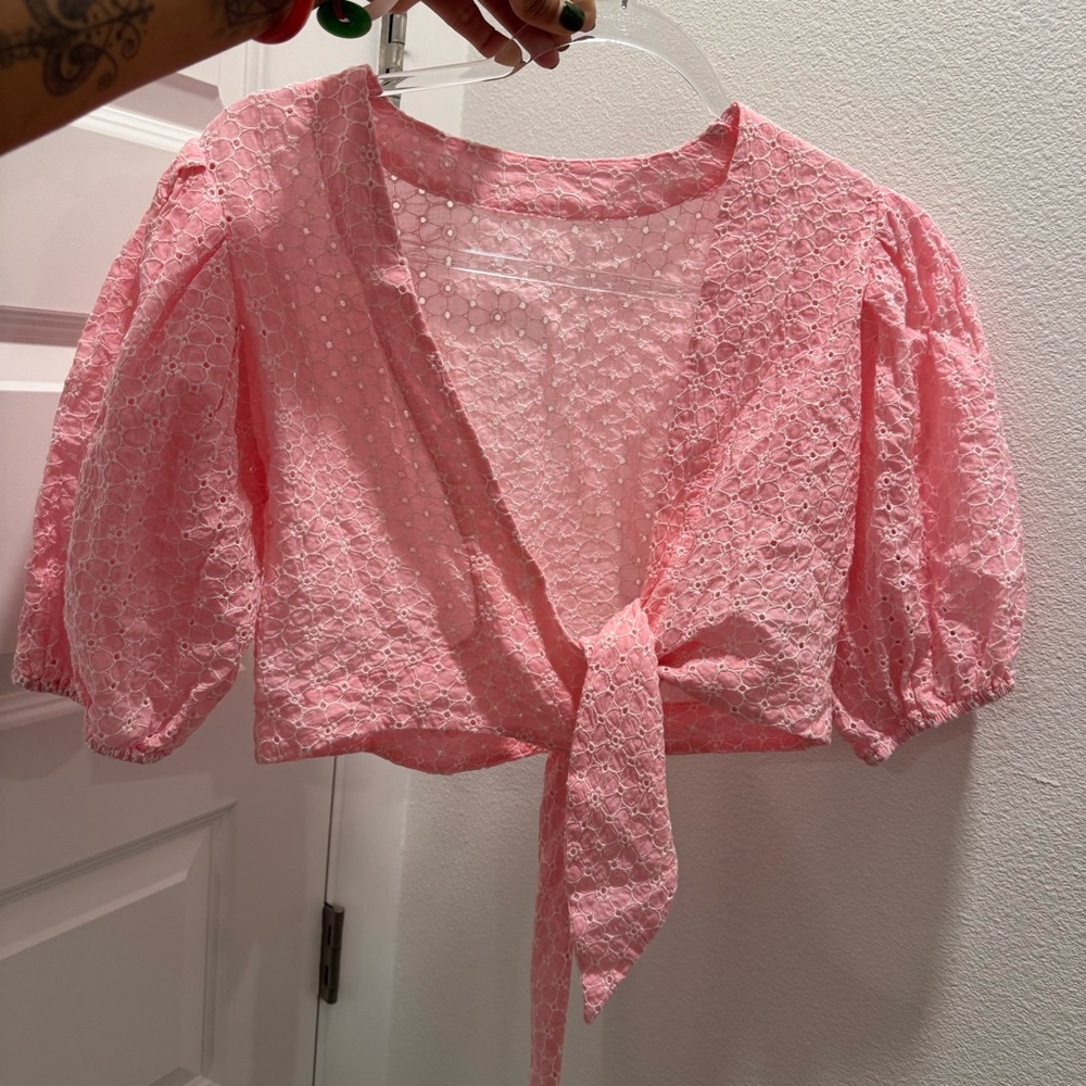 100% Authentic Lisa Marie Fernandez Pink Eyelet Tie-Front Blouse